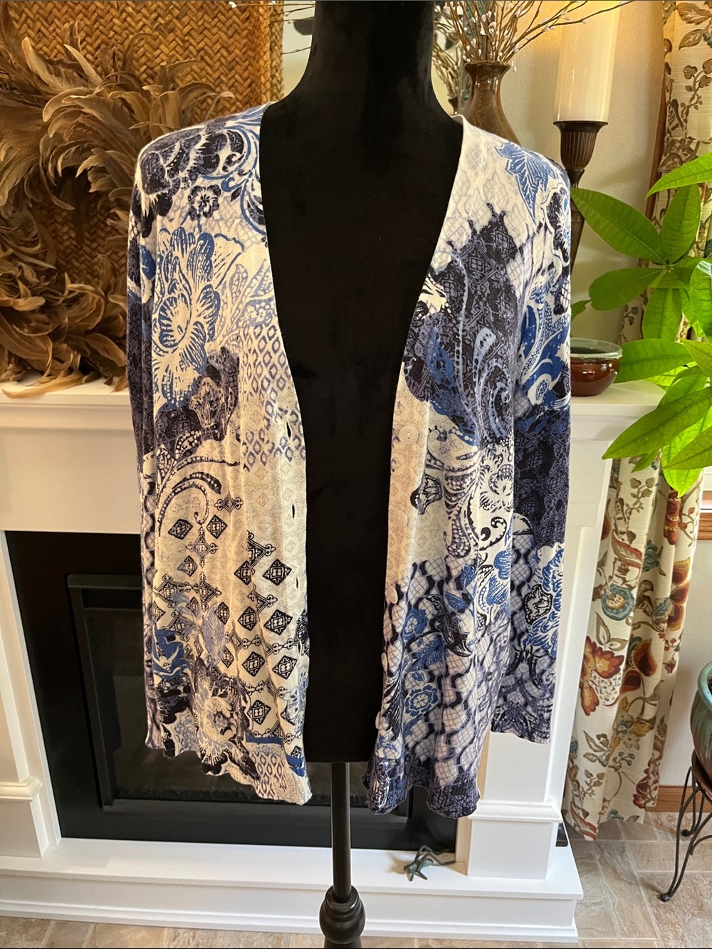 Chico's Blue and Cream Printed Button Down Cardigan